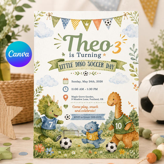 Dinosaur Little Dino Soccer Day 3rd Birthday Invitation — editable Canva template