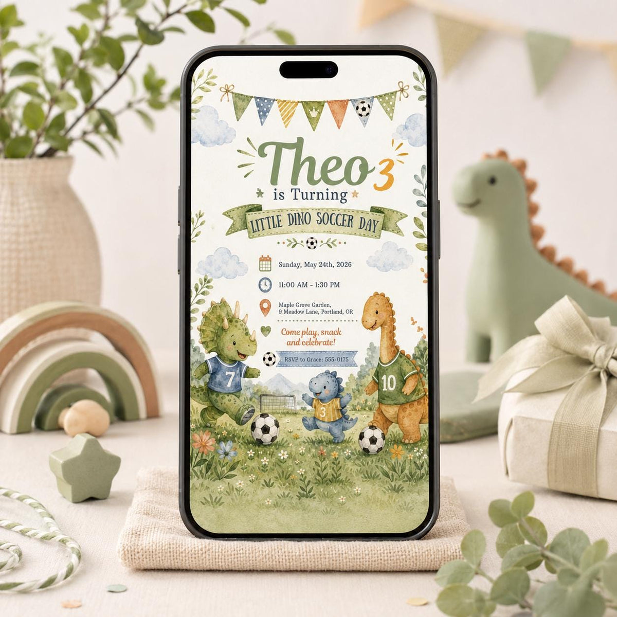 Dinosaur Little Dino Soccer Day 3rd Birthday Invitation — print-ready 3rd birthday party design from VoltBy