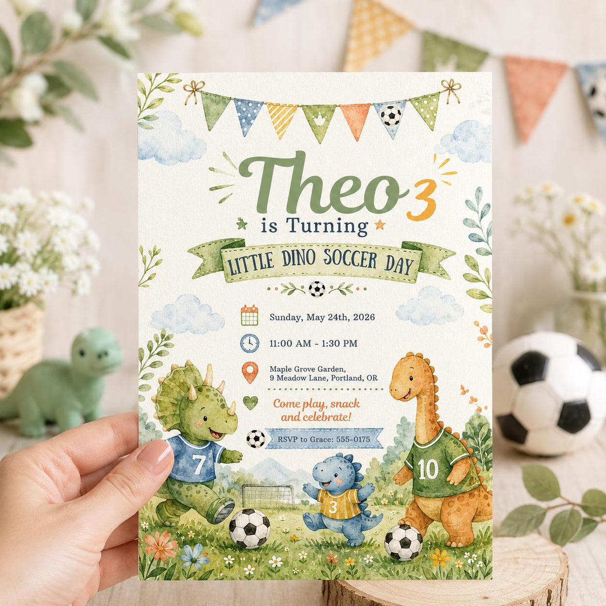 Dinosaur Little Dino Soccer Day 3rd Birthday Invitation — digital invitation, instant download