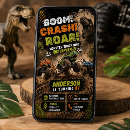 Dinosaur Monster Truck 3rd Birthday Invitation: Dino Rally Party — print-ready 3rd birthday party design from VoltBy