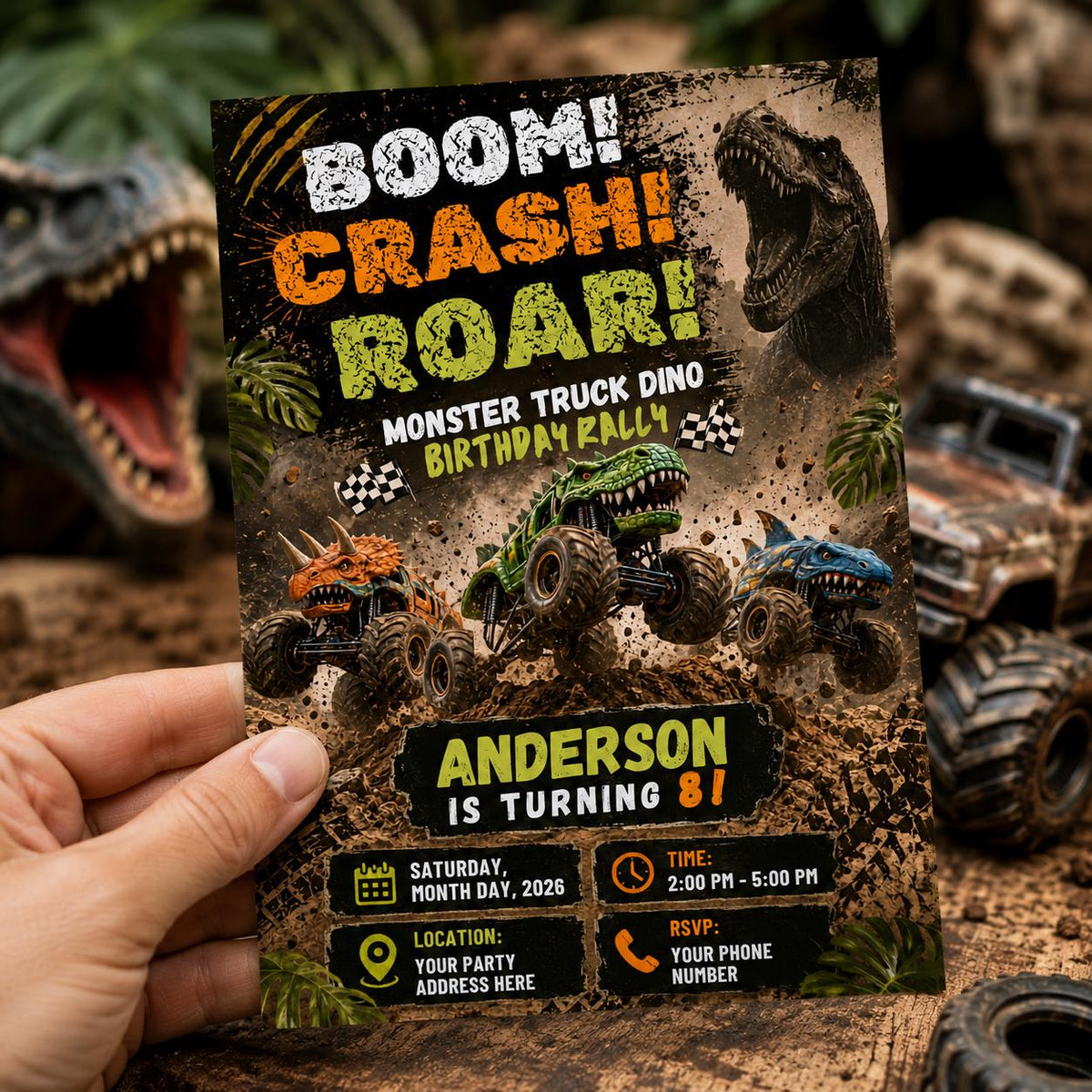 Dinosaur Monster Truck 3rd Birthday Invitation: Dino Rally Party — digital invitation, instant download