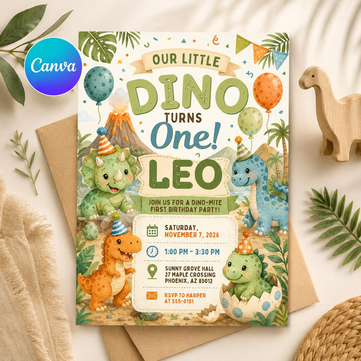 Dinosaur Our Little Dino Turns One Birthday Invitation — editable Canva template