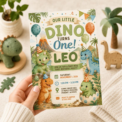 Dinosaur Our Little Dino Turns One Birthday Invitation — print-ready first birthday design from VoltBy