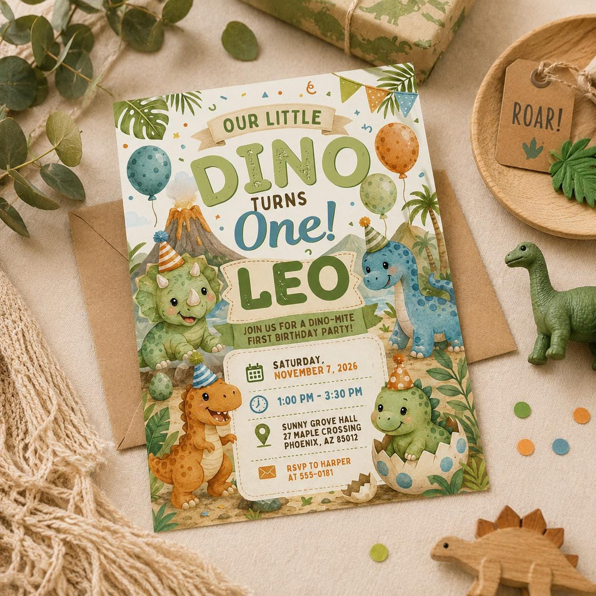 Dinosaur Our Little Dino Turns One Birthday Invitation — first birthday stationery by VoltBy