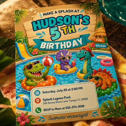 Dinosaur Pool Party 5th Birthday Invitation with Wooden Header — 5th birthday party stationery by VoltBy