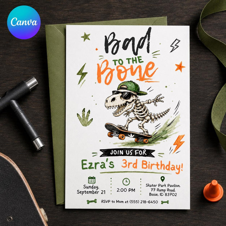 Dinosaur Skateboard 3rd Birthday Invitation