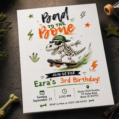 Dinosaur Skateboard 3rd Birthday Invitation — 3rd birthday party stationery by VoltBy