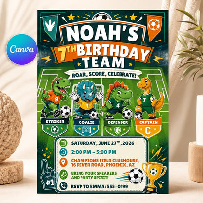 Dinosaur Soccer 7th Birthday Invitation for Boys — editable Canva template