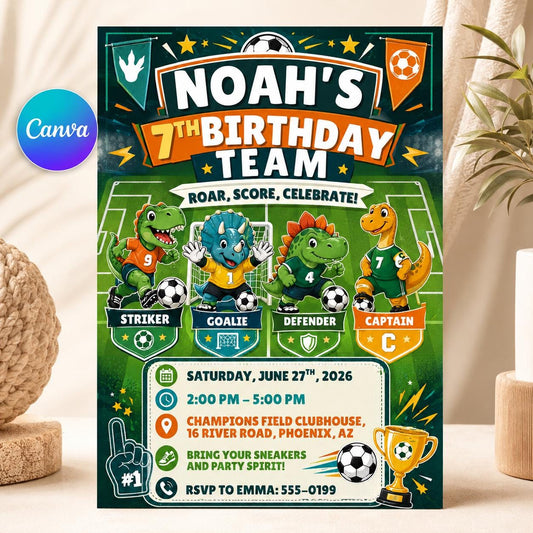 Dinosaur Soccer 7th Birthday Invitation for Boys — editable Canva template