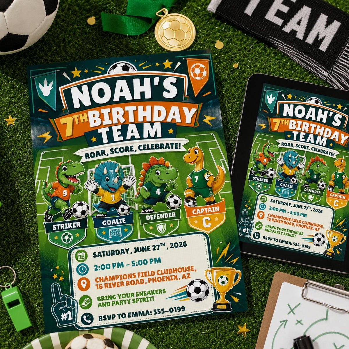 Dinosaur Soccer 7th Birthday Invitation for Boys — print-ready 7th birthday party design from VoltBy