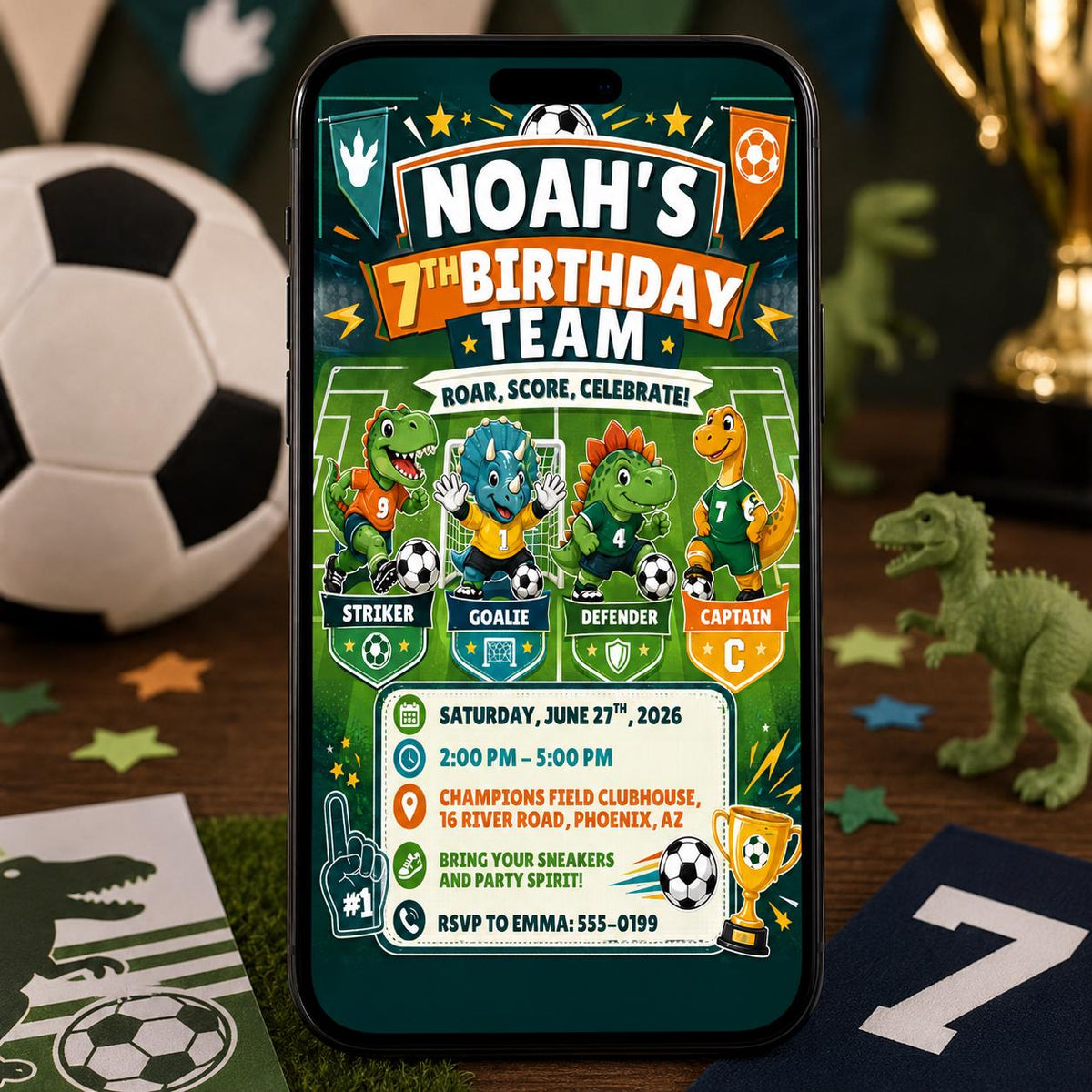 Dinosaur Soccer 7th Birthday Invitation for Boys — digital invitation, instant download