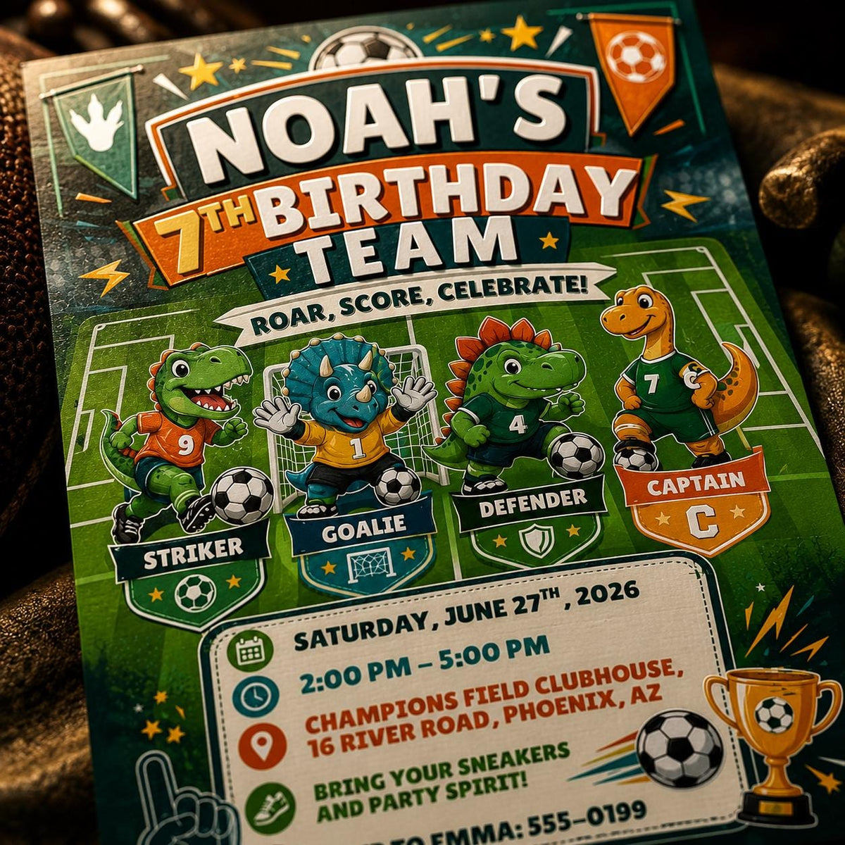 Dinosaur Soccer 7th Birthday Invitation for Boys — 7th birthday party stationery by VoltBy