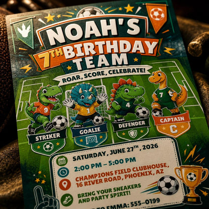 Dinosaur Soccer 7th Birthday Invitation for Boys — 7th birthday party stationery by VoltBy