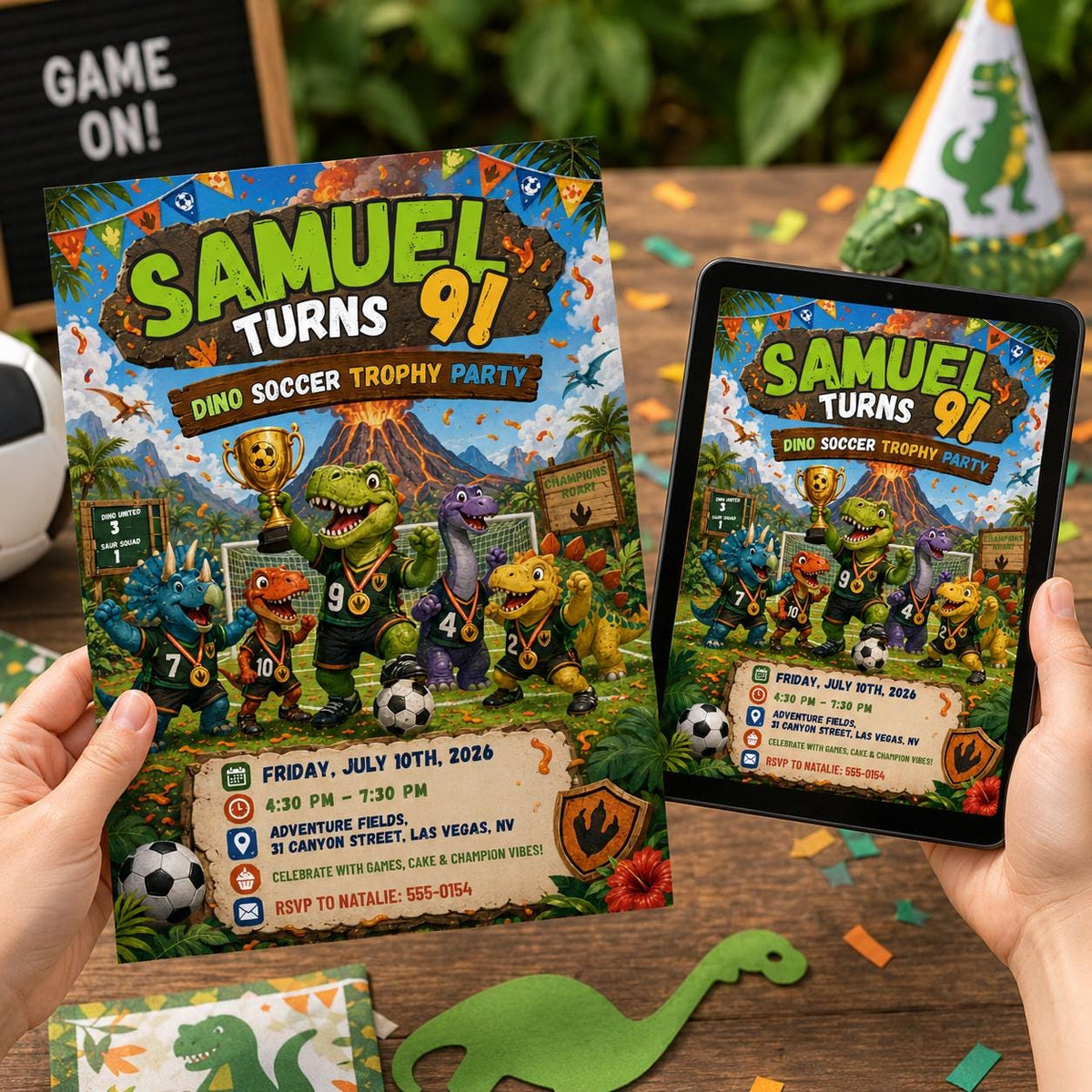 Dinosaur Soccer Birthday Invitation — invitation you personalize in Canva