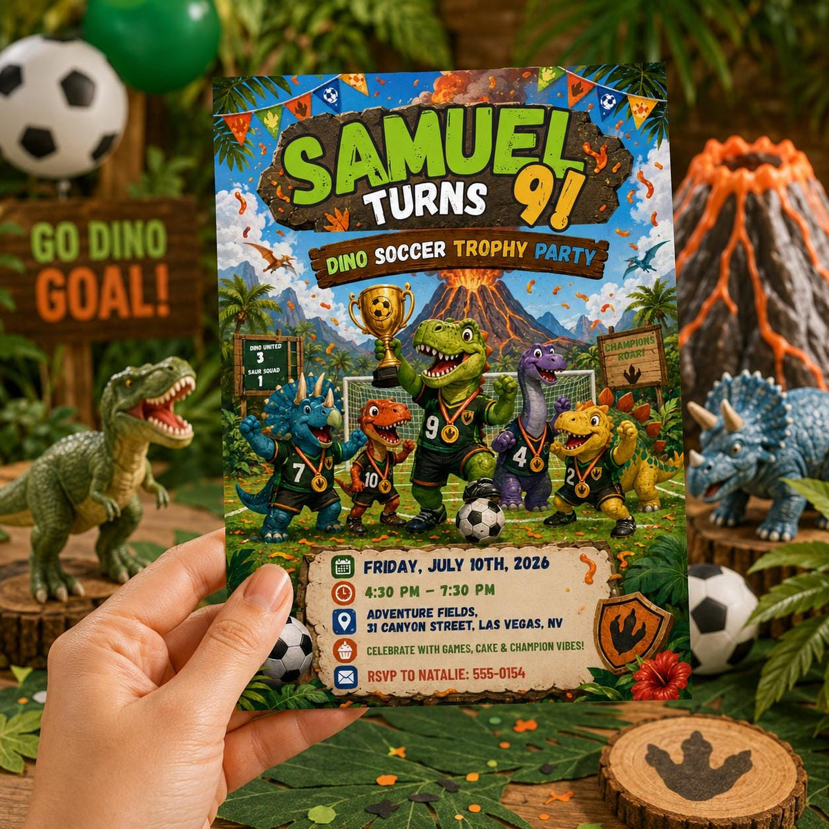 Dinosaur Soccer Birthday Invitation — digital invitation, instant download