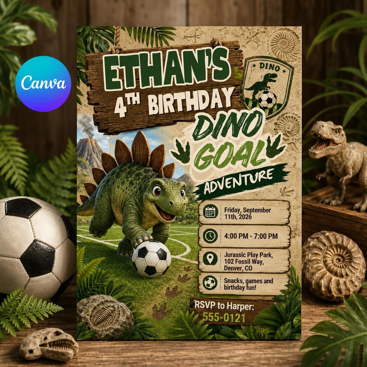Dinosaur Soccer Birthday Invitation: Dino Goal Adventure Party — editable Canva template
