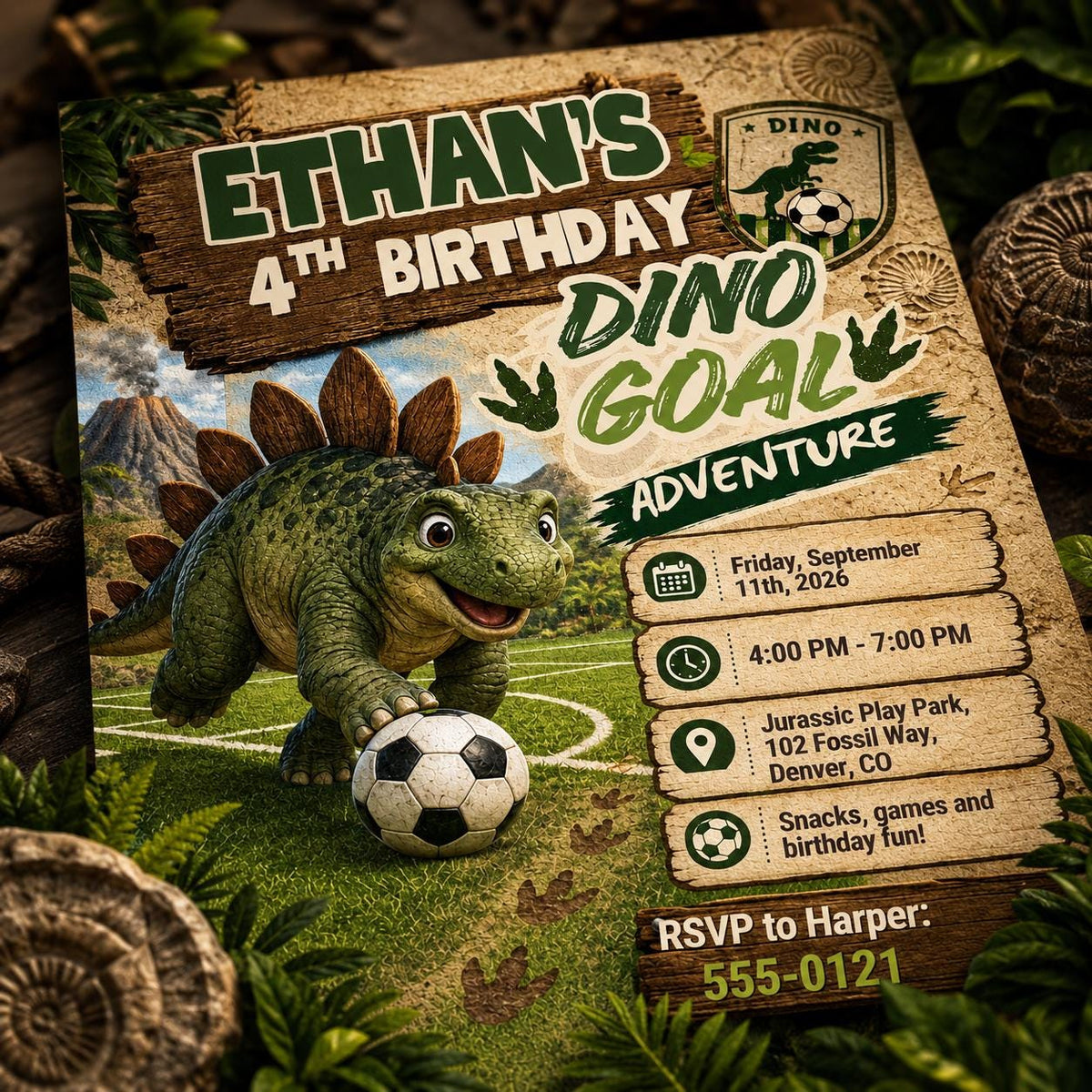 Dinosaur Soccer Birthday Invitation: Dino Goal Adventure Party — print-ready birthday party design from VoltBy