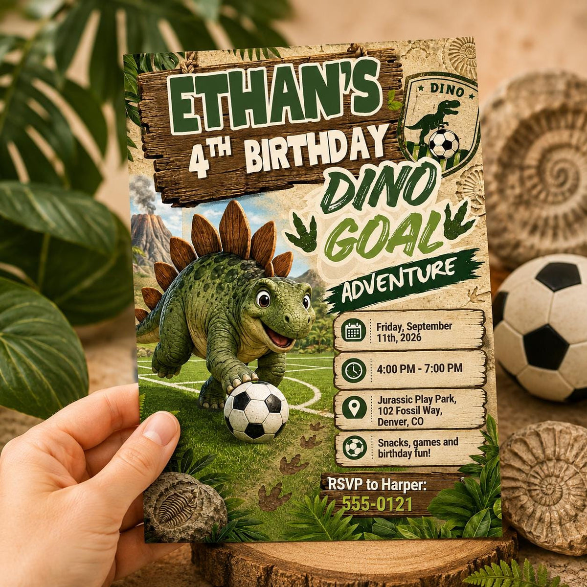 Dinosaur Soccer Birthday Invitation: Dino Goal Adventure Party — digital invitation, instant download