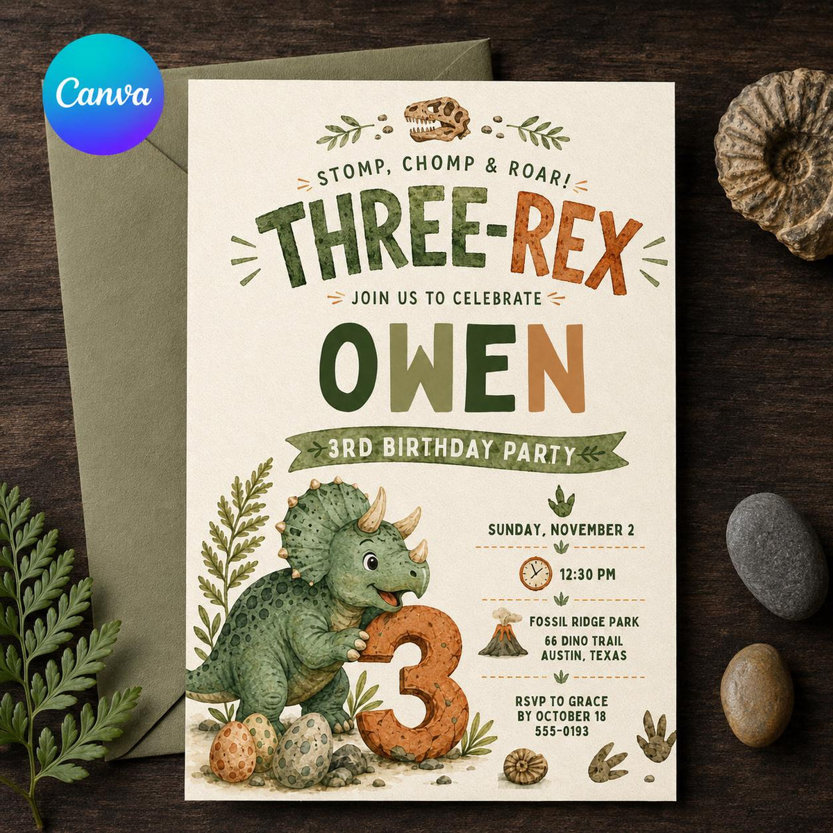 Dinosaur Three Rex Birthday Invitation — editable Canva template