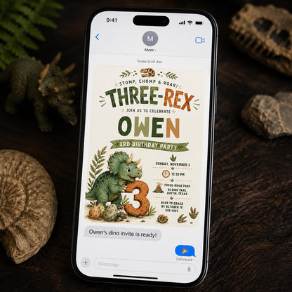 Dinosaur Three Rex Birthday Invitation — invitation you personalize in Canva