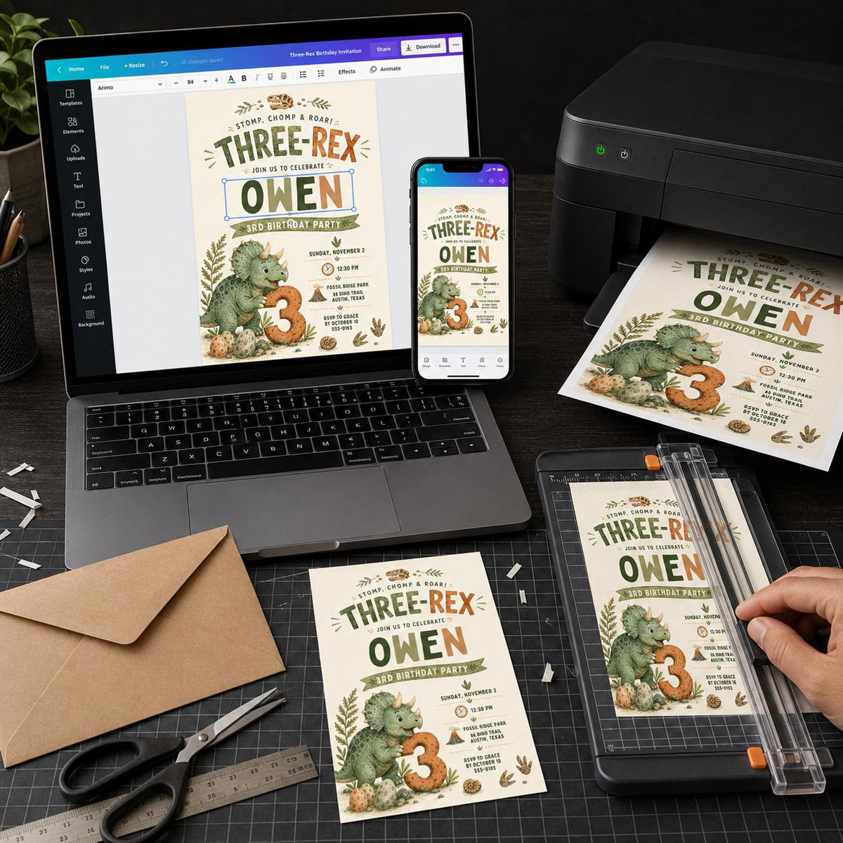 Dinosaur Three Rex Birthday Invitation — digital invitation, instant download