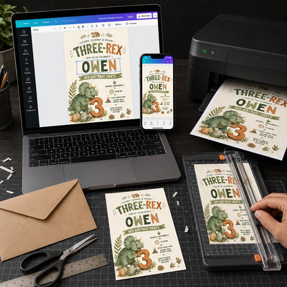 Dinosaur Three Rex Birthday Invitation — digital invitation, instant download