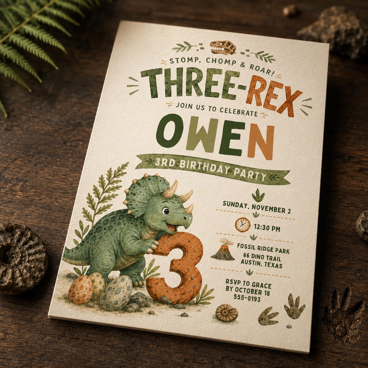 Dinosaur Three Rex Birthday Invitation — 3rd birthday party stationery by VoltBy