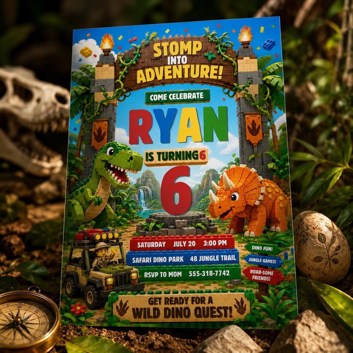 Dinosaur Wild Dino Adventure Birthday Invitation for Boys — safari design