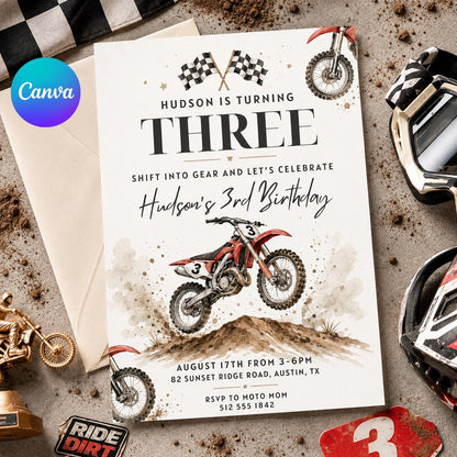 Dirt Bike 3rd Birthday Invitation with Checkered Flags — editable Canva template