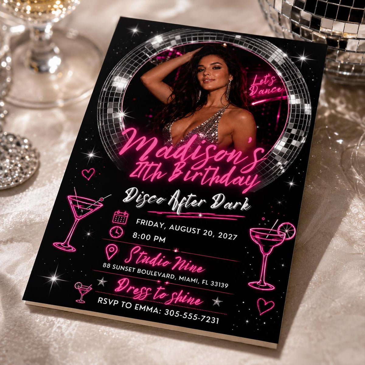 Disco After Dark 24th Birthday Photo Invitation — cocktail and ball design