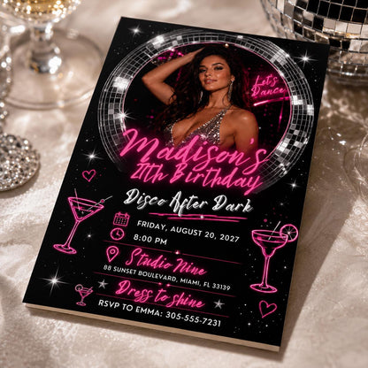 Disco After Dark 24th Birthday Photo Invitation — cocktail and ball design