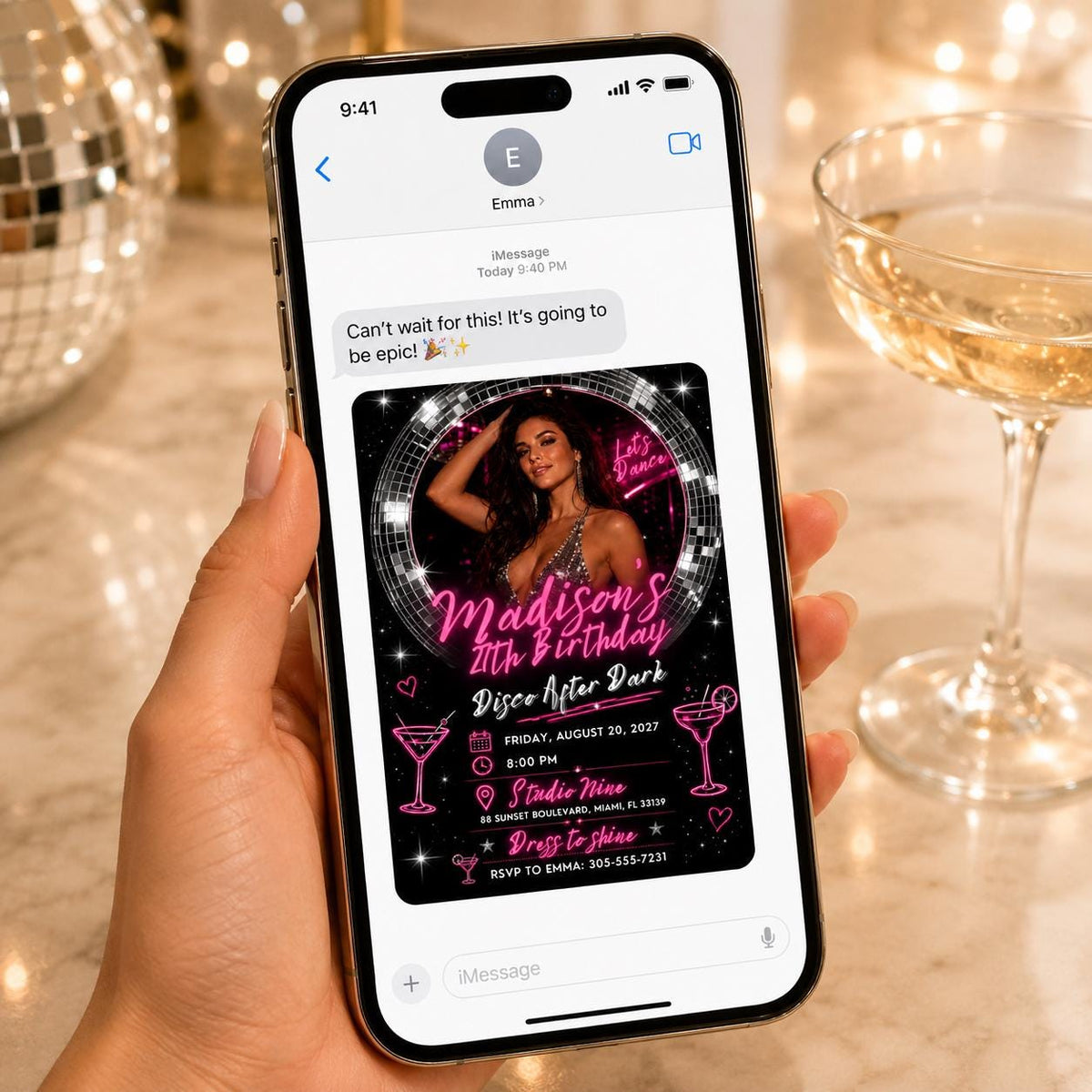 Disco After Dark 24th Birthday Photo Invitation — invitation you personalize in Canva