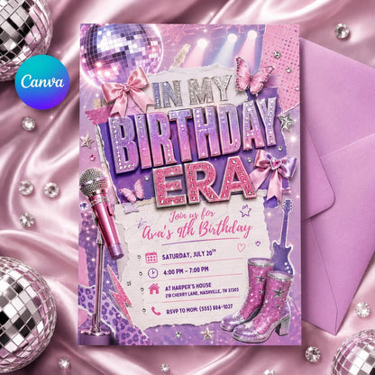 Disco Birthday Era Invitation for Girls — editable Canva template