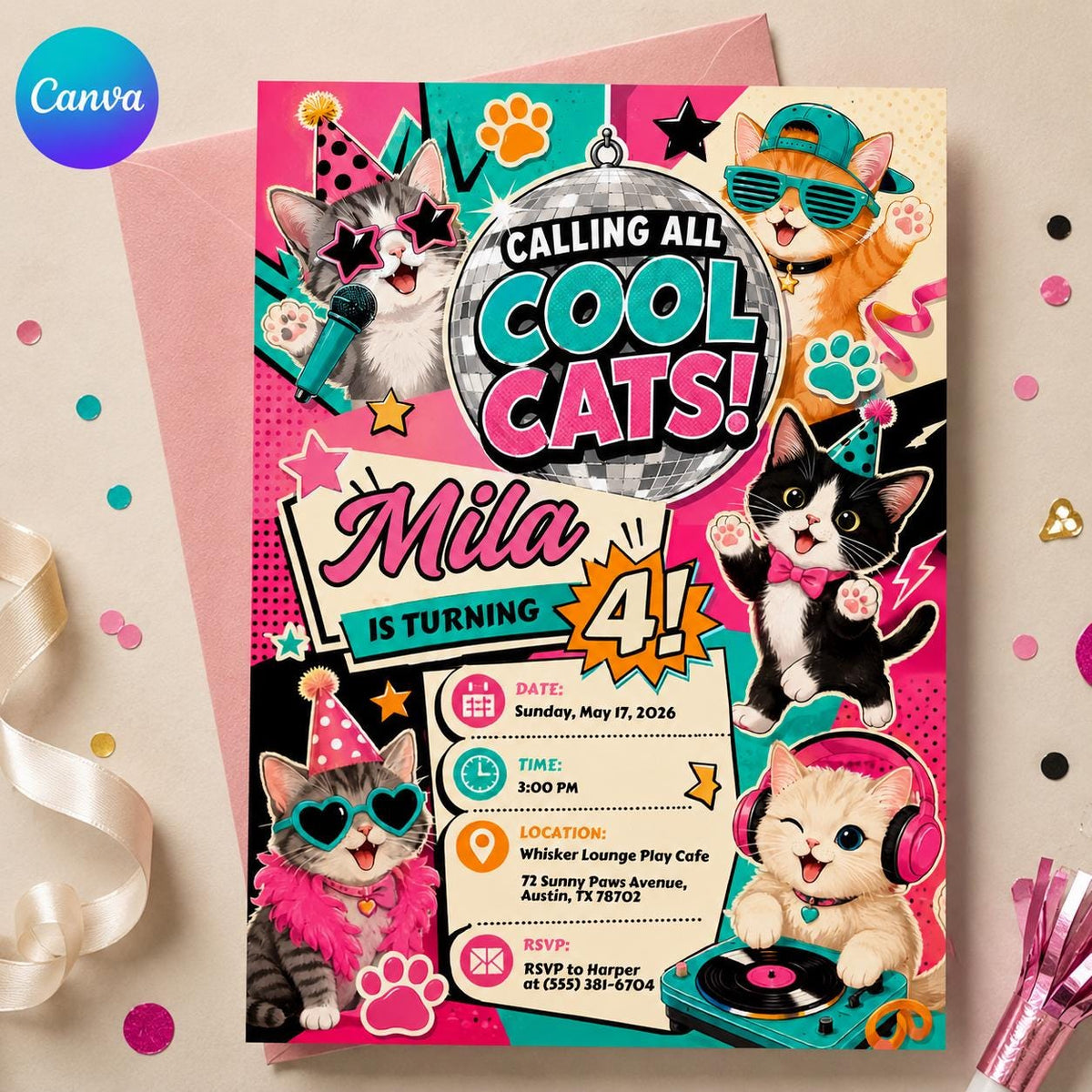 Disco Cat 4th Birthday Invitation for Girls — editable Canva template