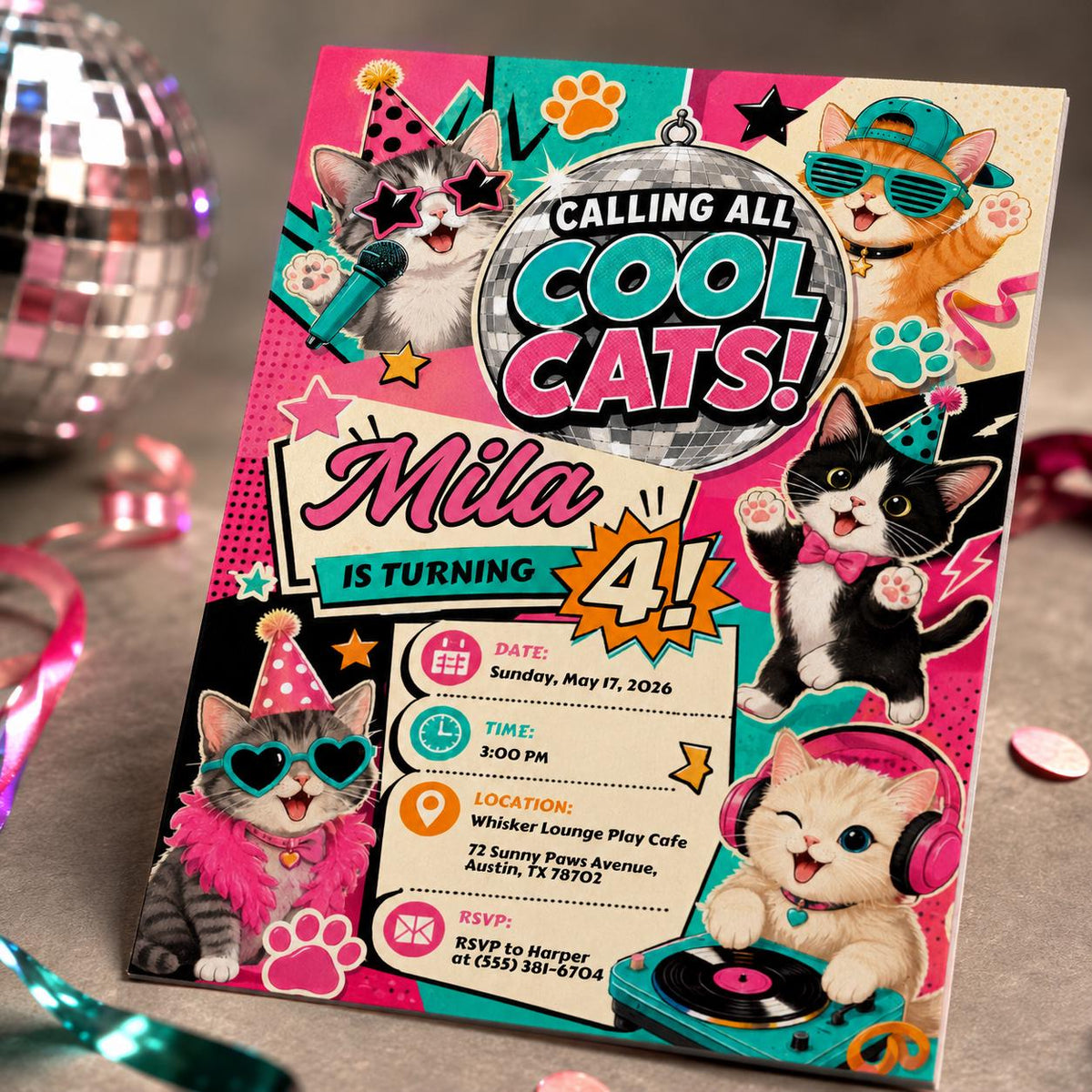 Disco Cat 4th Birthday Invitation for Girls — ball design
