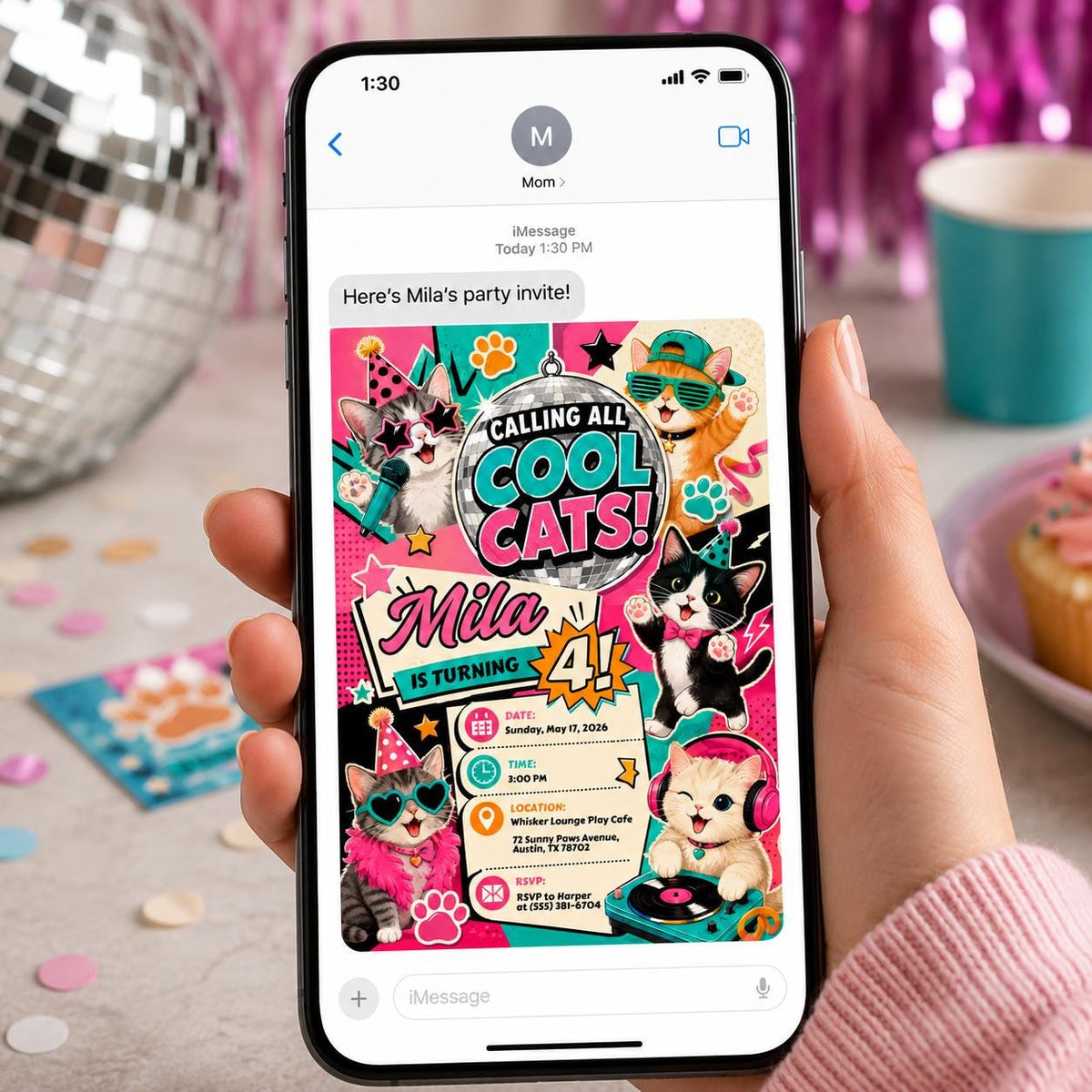Disco Cat 4th Birthday Invitation for Girls — invitation you personalize in Canva