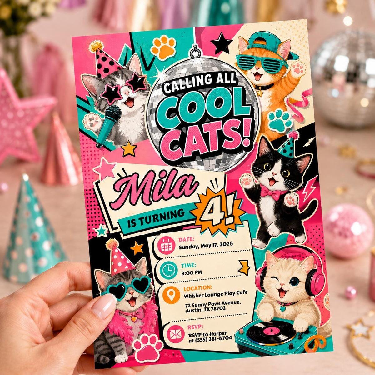 Disco Cat 4th Birthday Invitation for Girls — print-ready 4th birthday party design from VoltBy