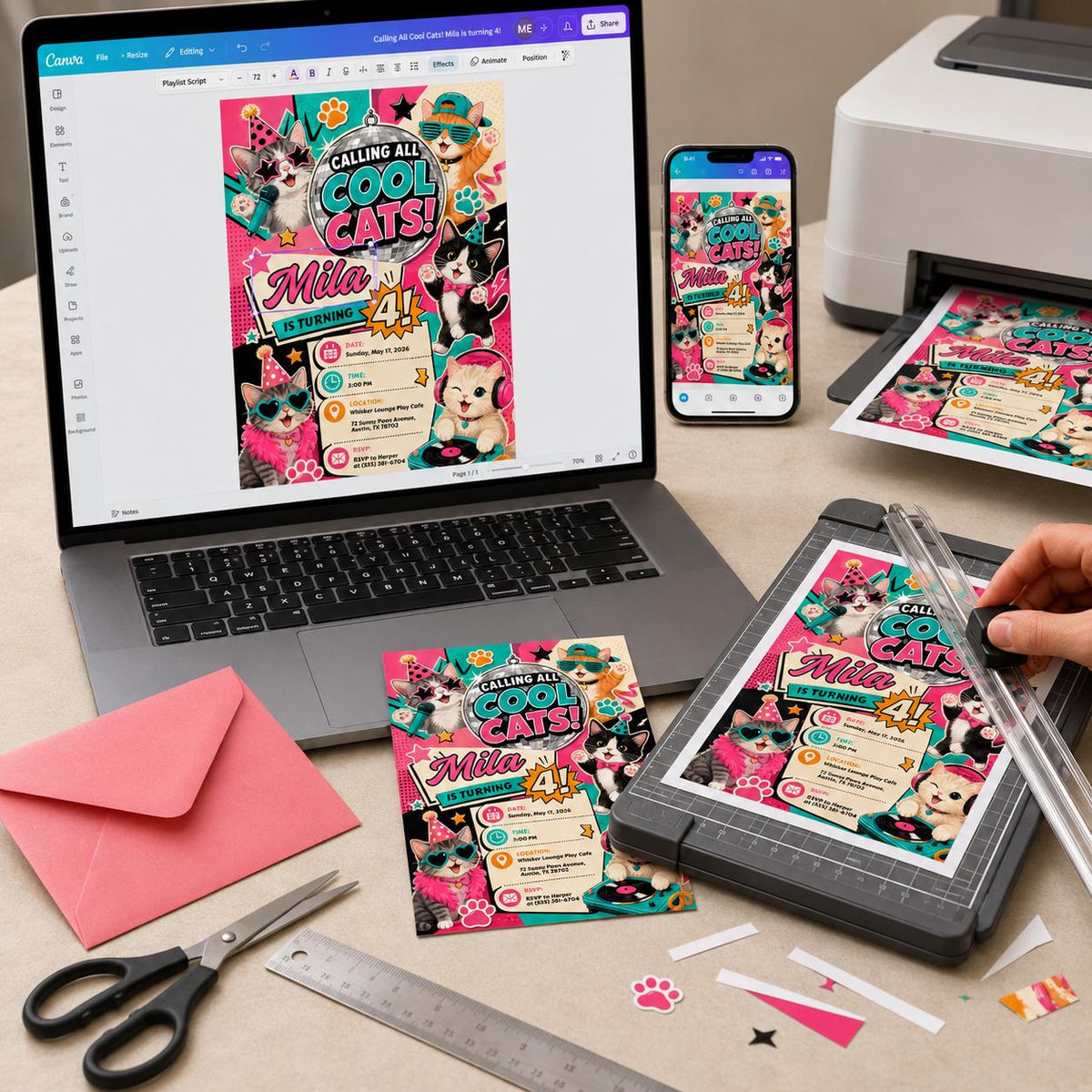 Disco Cat 4th Birthday Invitation for Girls — digital invitation, instant download