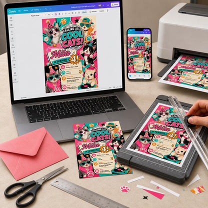 Disco Cat 4th Birthday Invitation for Girls — digital invitation, instant download