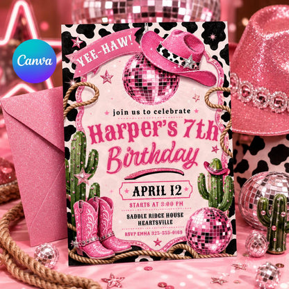 Disco Cowgirl 7th Birthday Invitation with Cow Print — editable Canva template