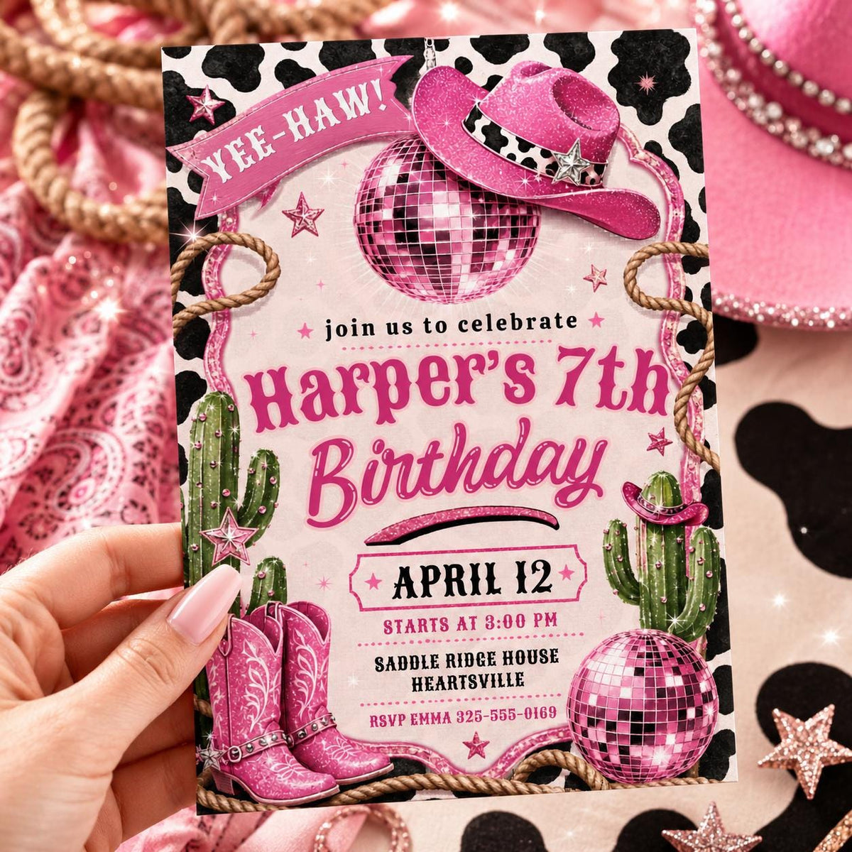 Disco Cowgirl 7th Birthday Invitation with Cow Print in black and pink