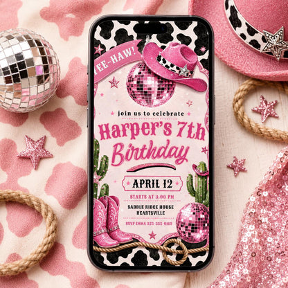 Disco Cowgirl 7th Birthday Invitation with Cow Print — cowboy design