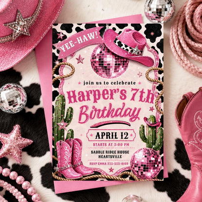 Disco Cowgirl 7th Birthday Invitation with Cow Print — invitation you personalize in Canva