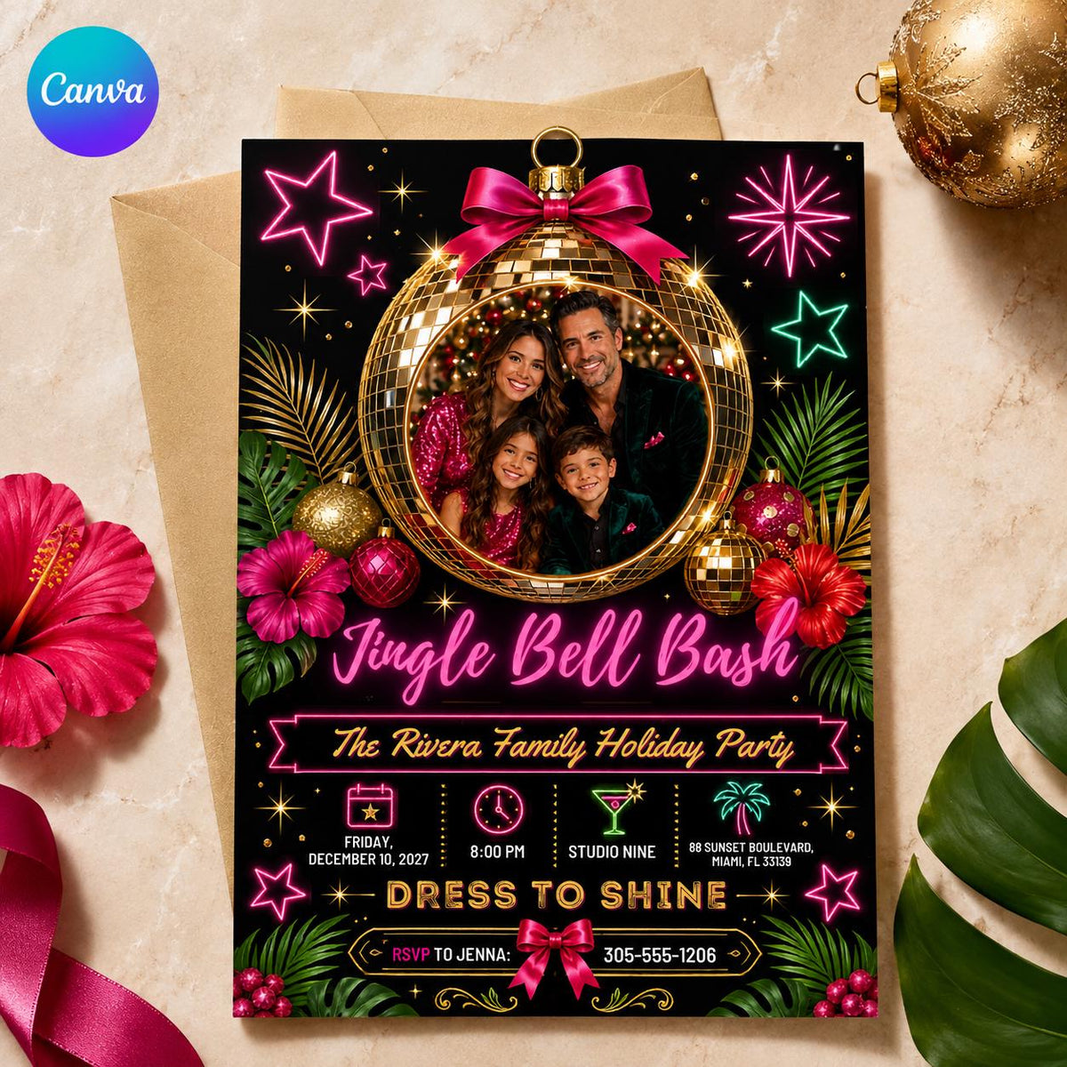 Disco Neon Christmas Party Invitation — editable Canva template