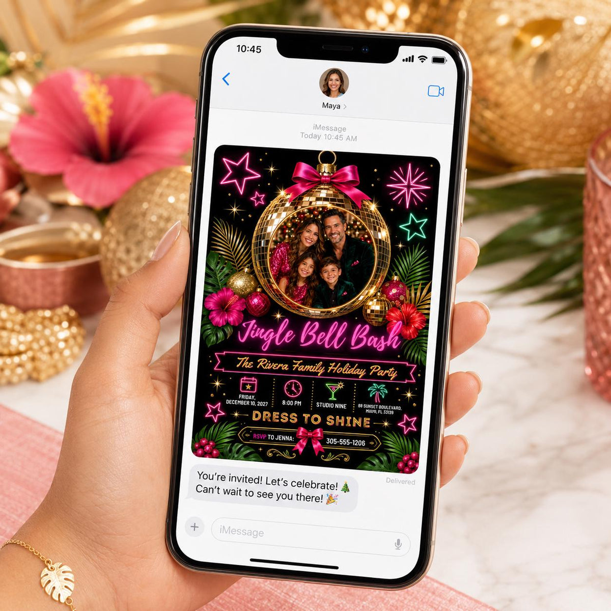 Disco Neon Christmas Party Invitation — ball design
