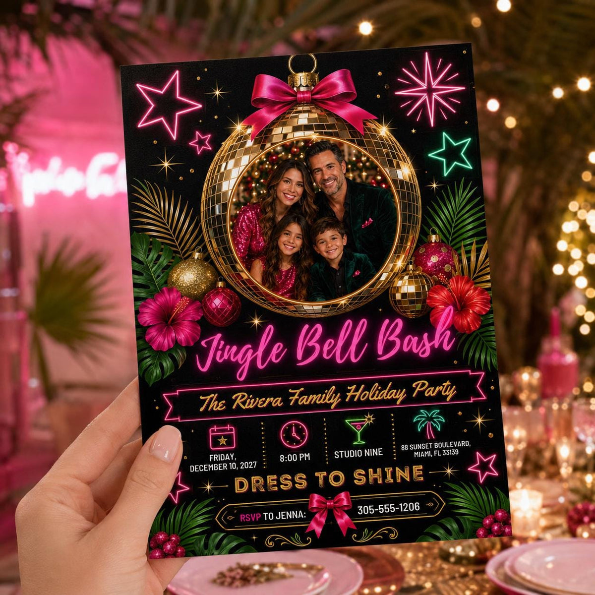 Disco Neon Christmas Party Invitation — invitation you personalize in Canva