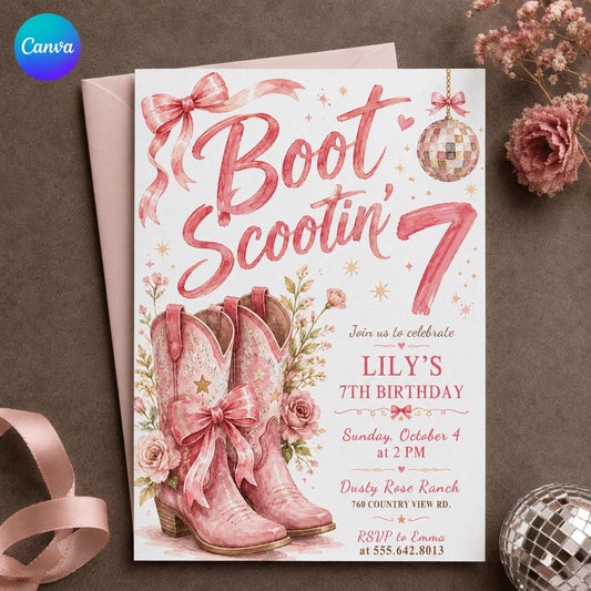 Disco Pink Cowgirl 7th Birthday Invitation for Girls — editable Canva template