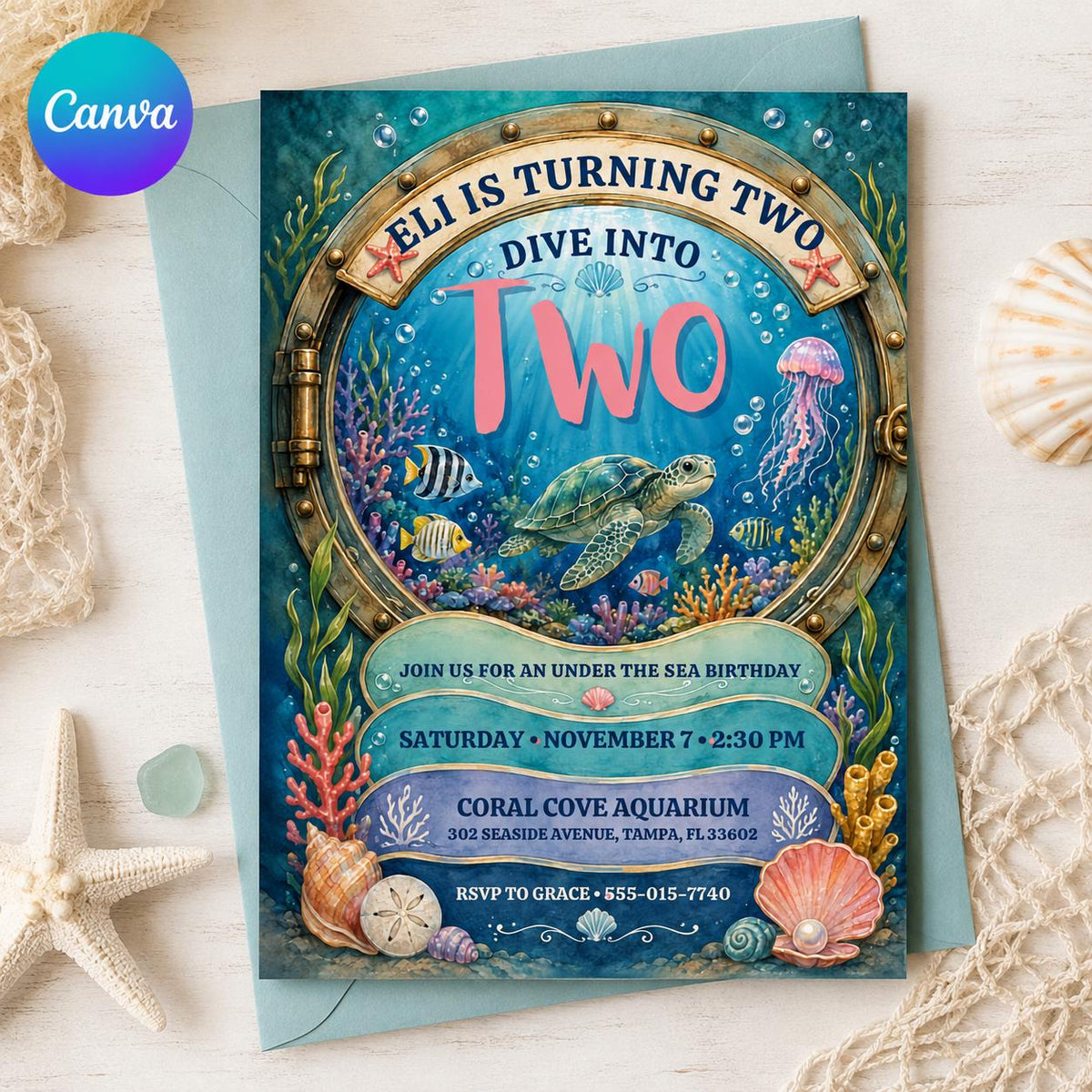 Dive into Two Ocean Porthole Birthday Invitation — editable Canva template