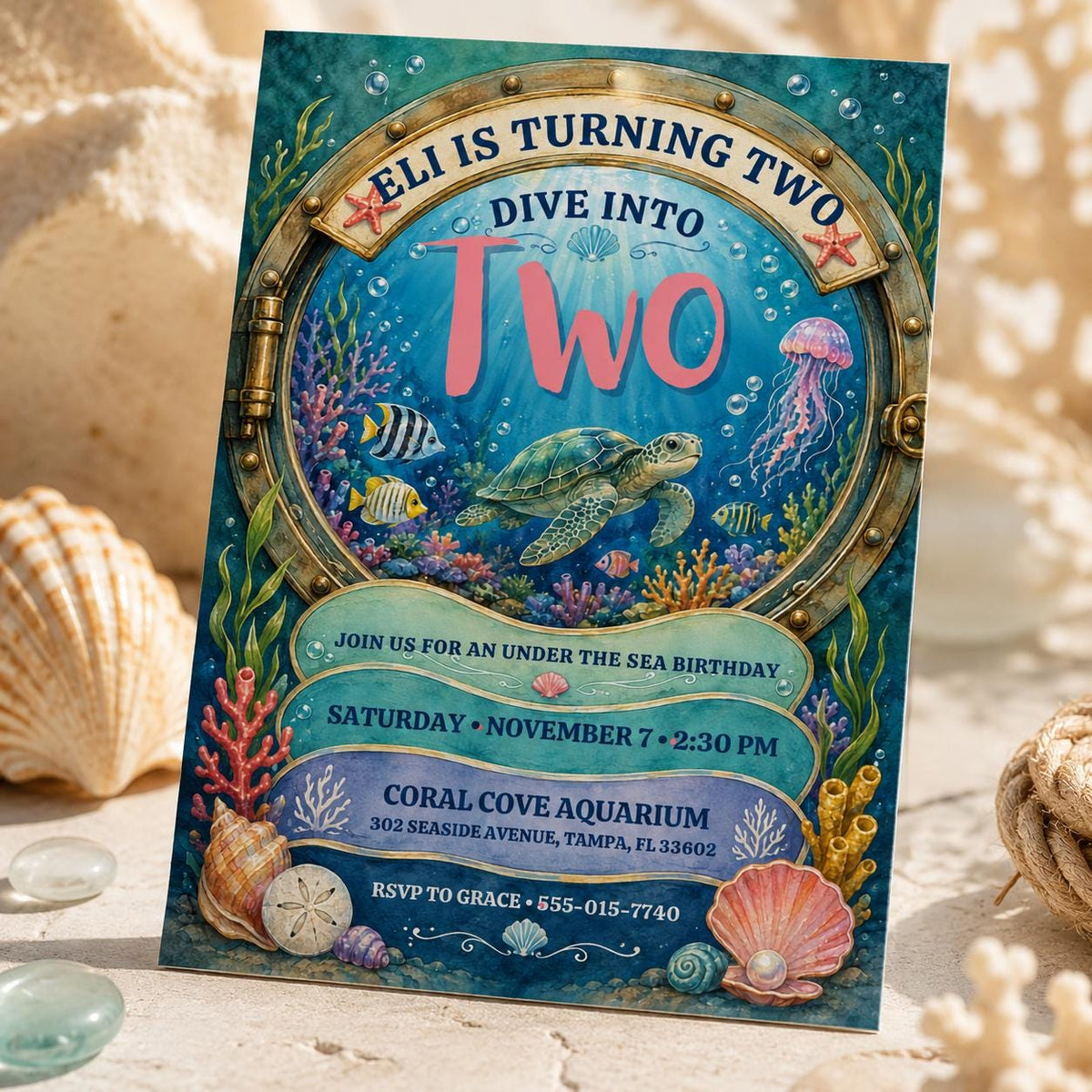 Dive into Two Ocean Porthole Birthday Invitation in blue and gold