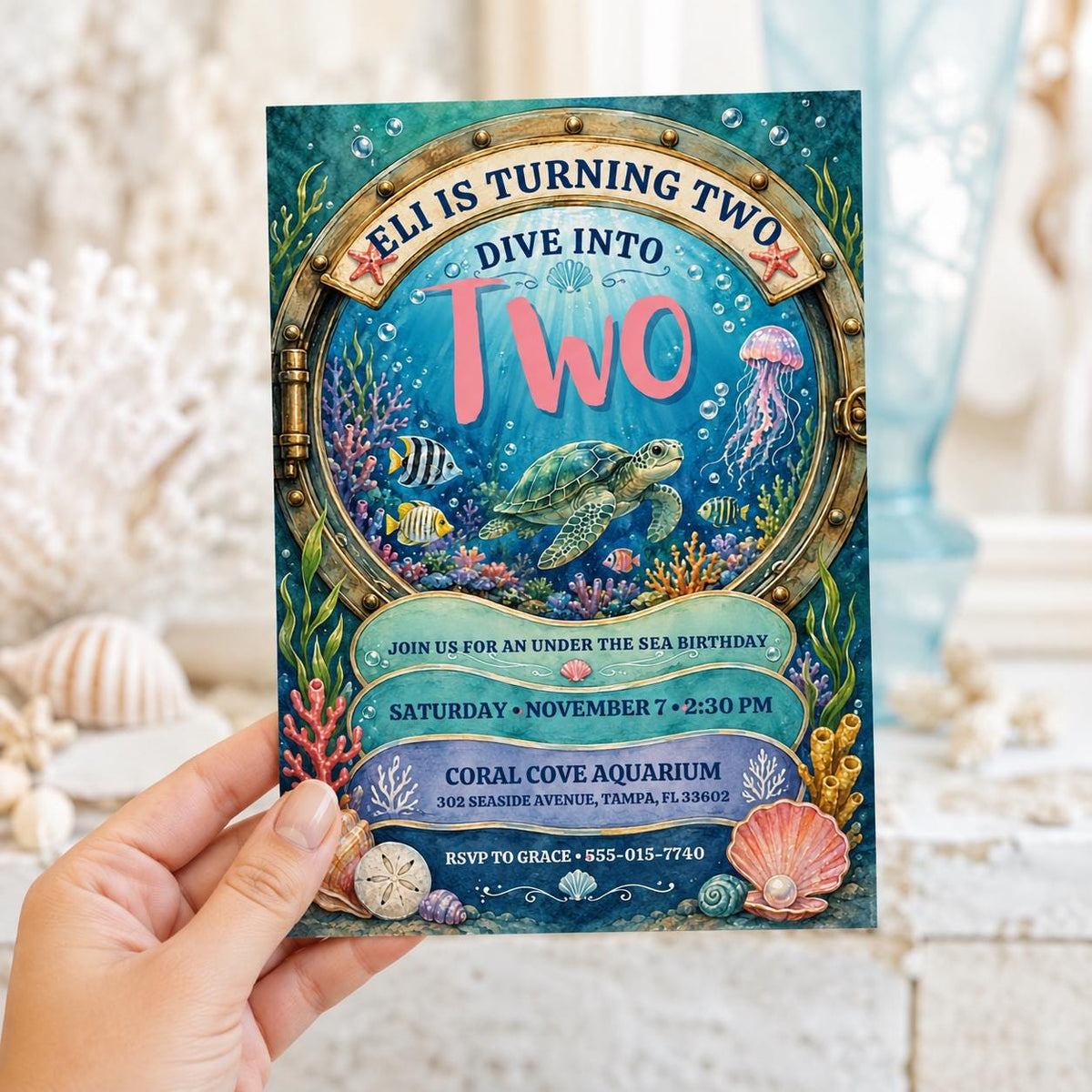 Dive into Two Ocean Porthole Birthday Invitation — invitation you personalize in Canva